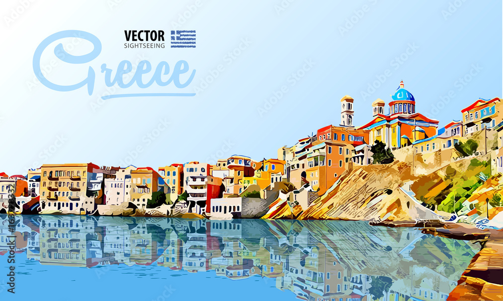 Greece holidays - clear sea and the reflection. Islands. Panorama city. Landscape. Vector illustration.