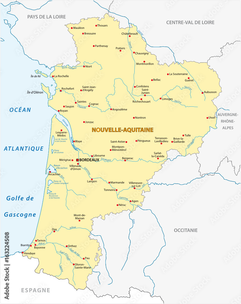 Map of the new French region Nouvelle-Aquitaine in French