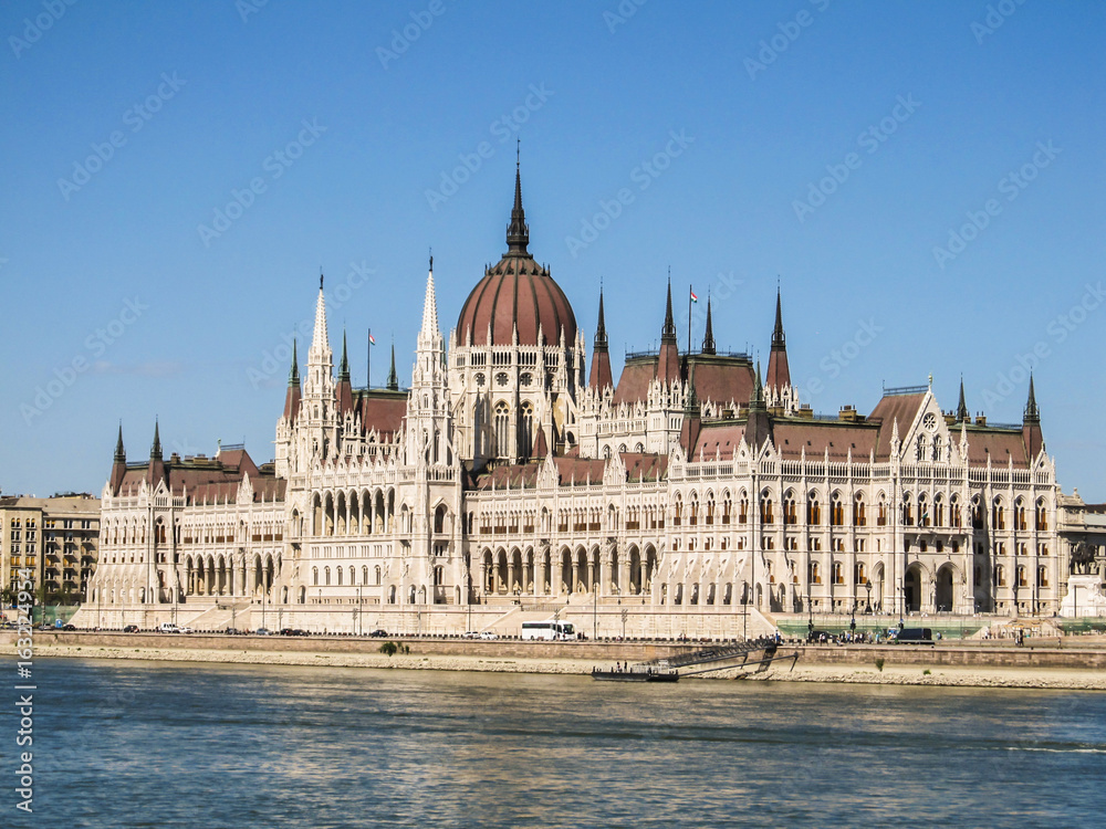 Hungarian Parliament building in Budapest with blue sky background