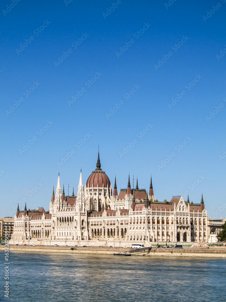Hungarian Parliament building in Budapest with blue sky background