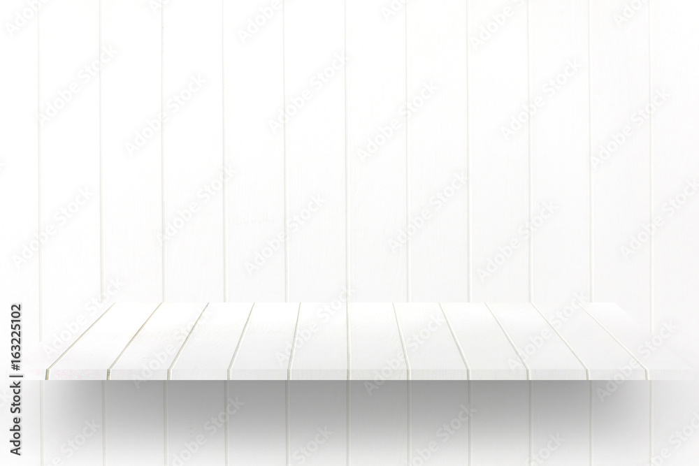 wooden plank shelves and white white wood wall background. For product display. wooden plank shelves and white white wood wall background. For product display.
