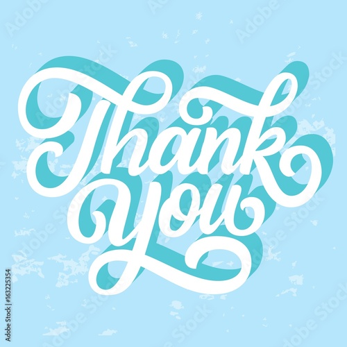 Thank you hand lettering, retro calligraphy with 3d shadow on blue background. Vector illustration.