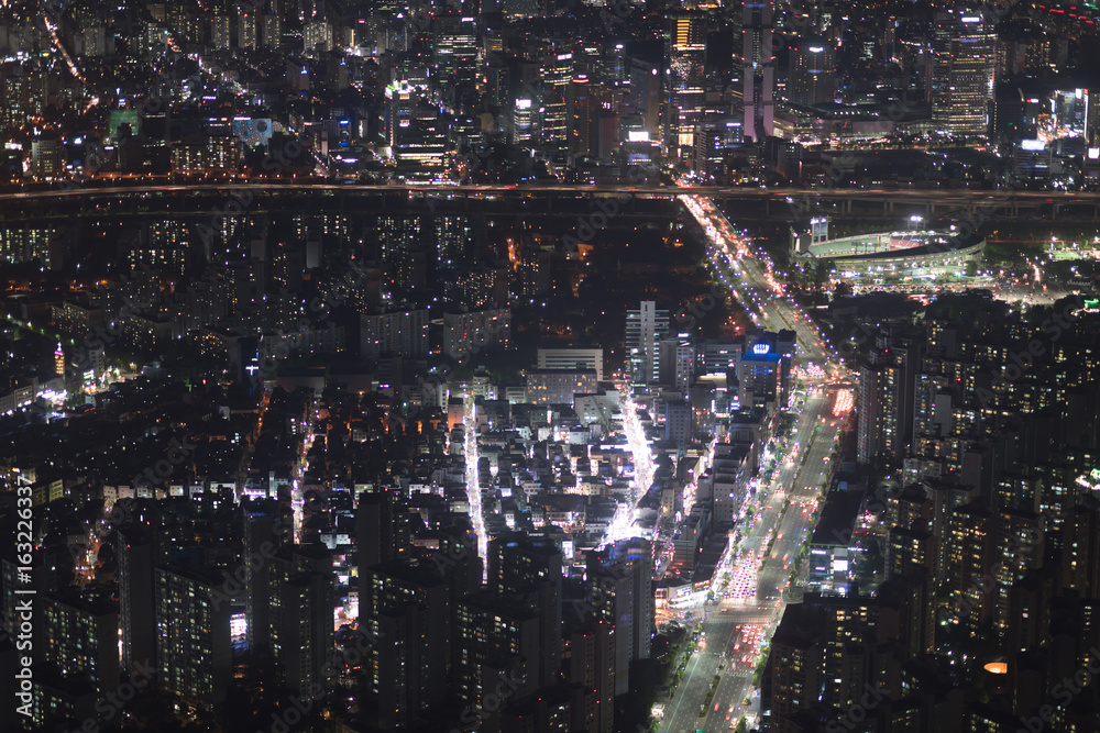 Night view of the crossroad from skyscraper in Seoul