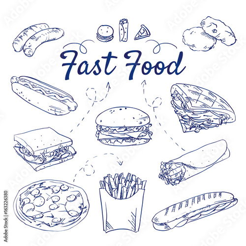 Doodle set of fast food - burger, wrap, fajita, chicken nuggets, kebab, fries, hotdog, pizza, sandwich, tortilla, panini, hand-drawn. Vector sketch illustration, icons isolated over white background.  photo