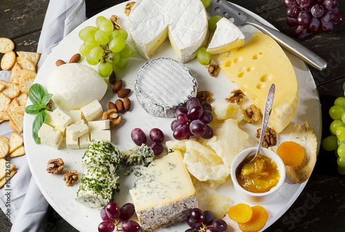 Cheese plates served with grapes, jam,  and nuts on a wooden board.