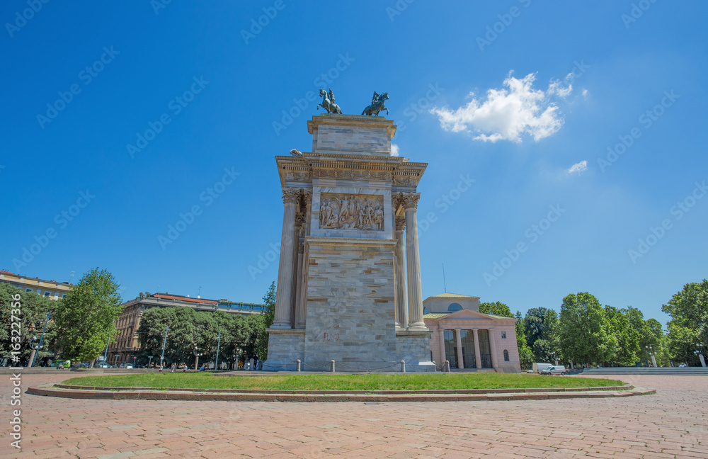 MILAN, ITALY, JUNE, 7, 2017 - Arco della Pace, (Arch of Peace), lateral view, near Sempione Park in city center of Milan, Italy