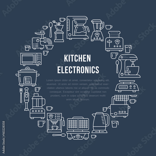 Wallpaper Mural Kitchen small appliances equipment banner illustration. Vector line icon of household cooking tools - blender mixer, coffee machine, microwave, toaster. Electronics circle template with place for text Torontodigital.ca