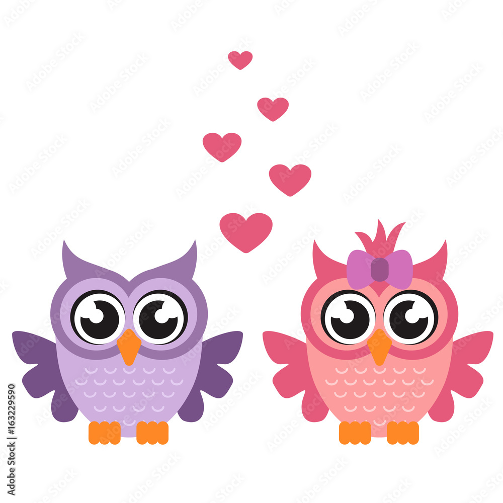 cartoon owl boy and girl with heart