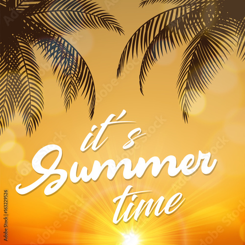 It's Summer Time sign, With coconut trees at sunrise, suitable for Summer Holiday and Beach Party. Vector Illustration
