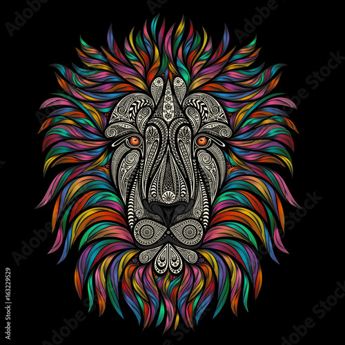 Fototapeta Naklejka Na Ścianę i Meble -  Vector lion of beautiful patterns with a color mane on a black background