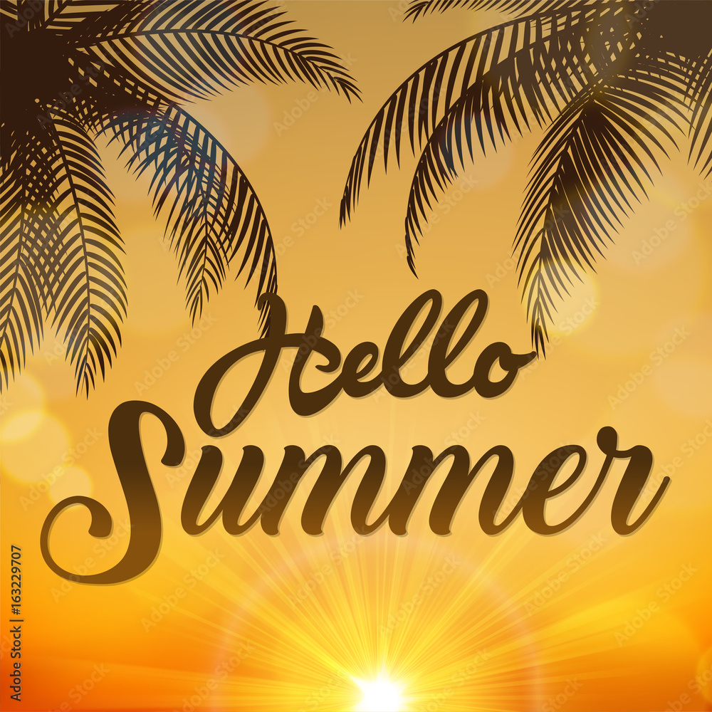 Hello Summer sign, With coconut trees at sunrise, suitable for Summer Holiday and Beach Party. Vector Illustration