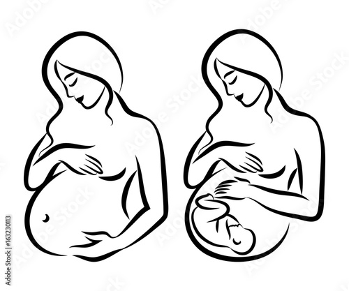 Pregnant woman. Stylized outline symbol. Maternity, pregnancy, motherhood. Silhouette, icon, logo, sign. Vector illustration.