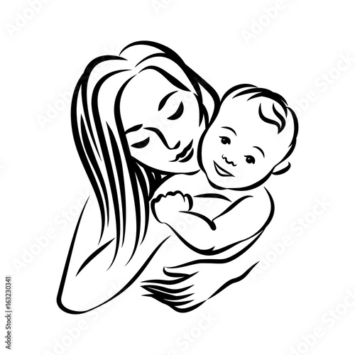Mother with her baby. Stylized outline symbol. Motherhood, love, mother care. Silhouette, icon, logo, sign. Vector illustration.