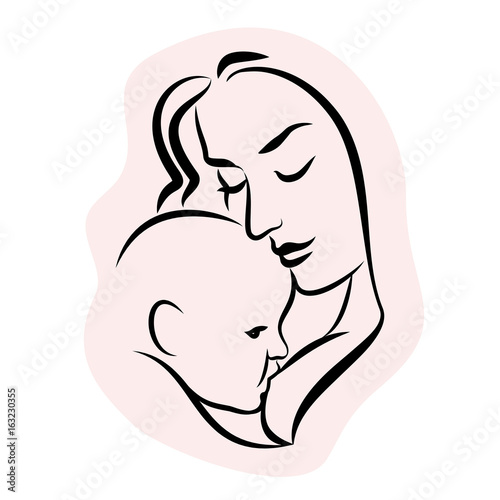 Mother with baby. Stylized outline symbol. Woman breastfeeding child. Motherhood, love, mother care. Silhouette, icon, logo, sign. Vector illustration.