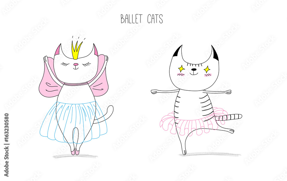 Hand drawn vector doodles of cute funny cats dancing ballet, with text. Hand drawn vector doodles of cute funny cats dancing ballet, with text.