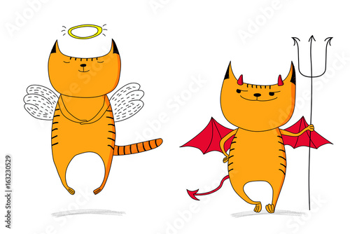 Hand drawn vector doodles of cute funny angel cat and devil cat