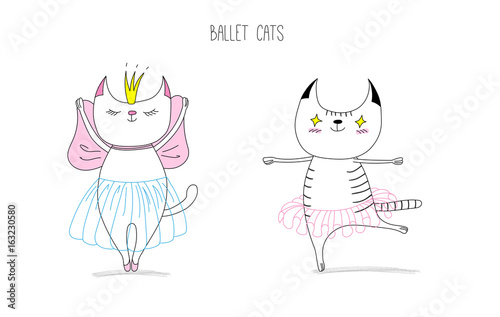 Hand drawn vector doodles of cute funny cats dancing ballet, with text.