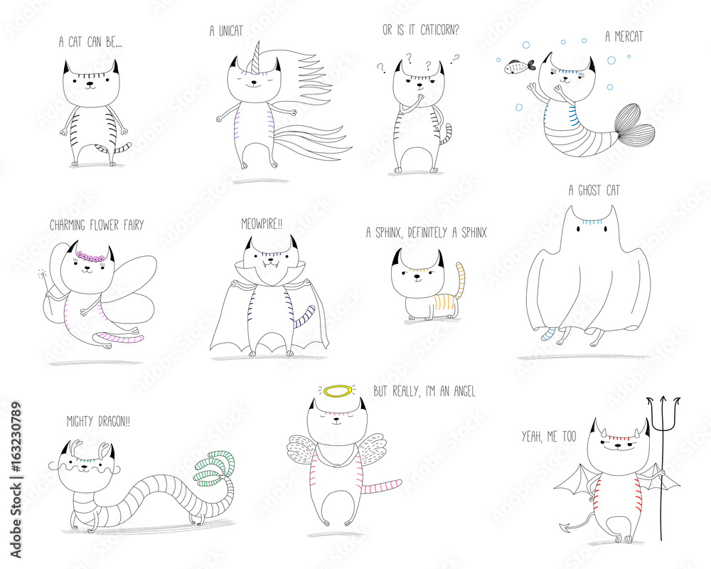 Hand drawn vector doodles of cute cats mythical creatures - unicorn, mermaid, fairy, vampire, sphinx, ghost, dragon, angel and devil, with text