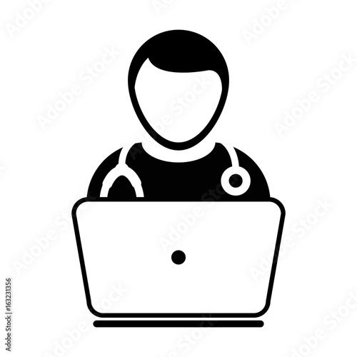 Doctor Icon Vector Online Consultation With Laptop Computer Avatar for Live Chat Advice for Patient In Glyph Pictogram illustration