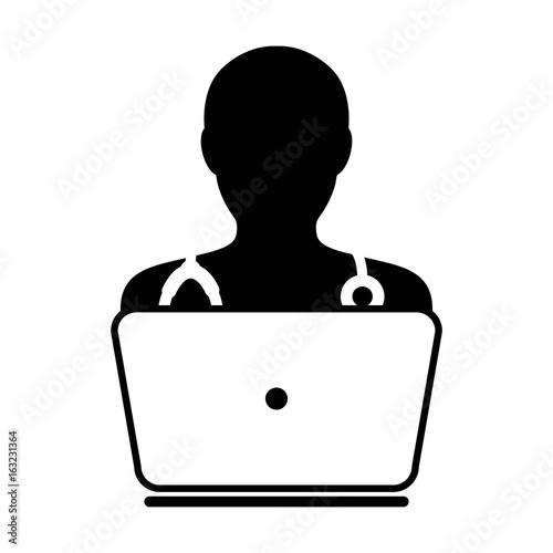 Doctor Icon Vector Online Consultation With Laptop Computer Avatar for Live Chat Advice for Patient In Glyph Pictogram illustration