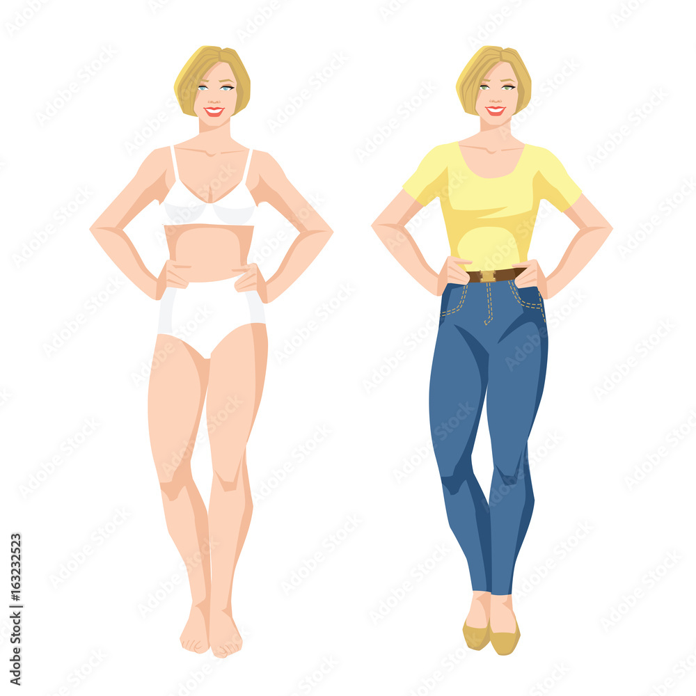 Vector illustration of blondy woman in underwear and woman in blue jeans and yellow shirt
Vector illustration of blondy woman in underwear and woman in blue jeans and yellow shirt
