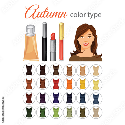 Vector illustration of seasonal color palette for autumn type. Set of cosmetics on white background. 