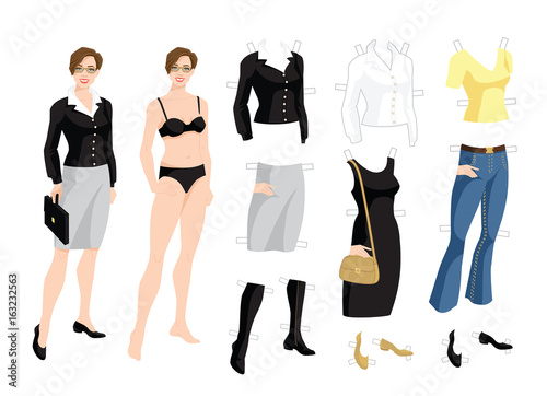 Paper doll with clothes for office and holiday. Body template. Vector illustration of brunette woman in formal clothes isolated on white background