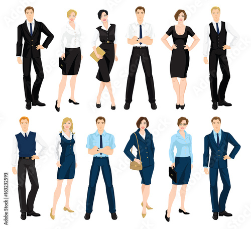 Vector illustration of corporate dress code. Man and woman in official blue and black suits isolated on white background. Formal wardrobe.