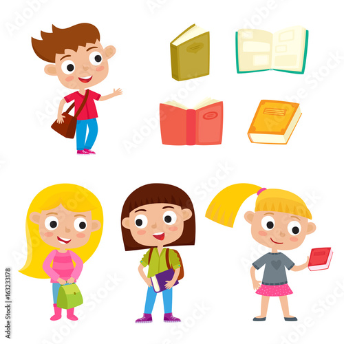 Color vector set pretty girls stand with books, bag and backpack