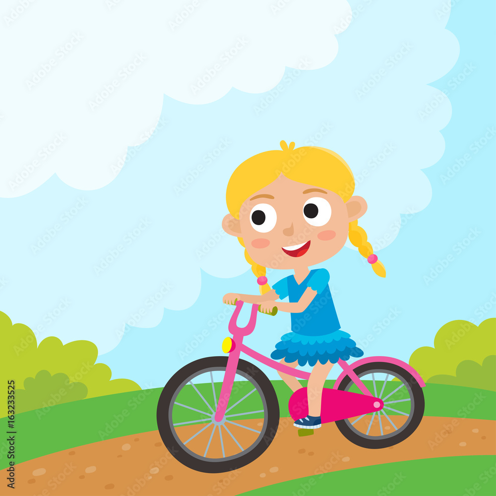 Cartoon girl riding a bike having fun riding bicycles in park. H