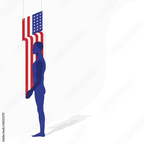 American flag of beautiful shape and silhouette of a man in a room. Flat vector illustration EPS 10