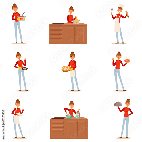 Smiling woman chef cook in white apron preparing and serving a variety of dishes, set of colorful detailed vector Illustrations