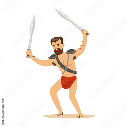 Warrior character, naked man in a red loincloth with two swords vector Illustration