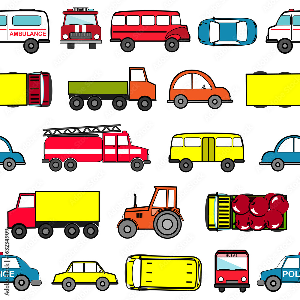 Cute seamless background with cartoon cars. Transport pattern