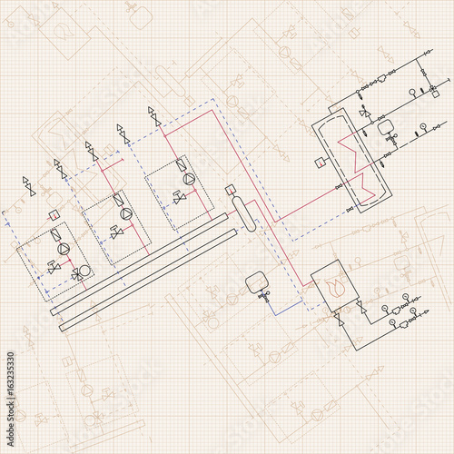 Technical engineering drawing. Blueprints with scheme of stokehold.