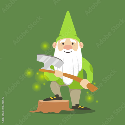 Cute dwarf in a green jacket and hat standing with axe vector Illustration