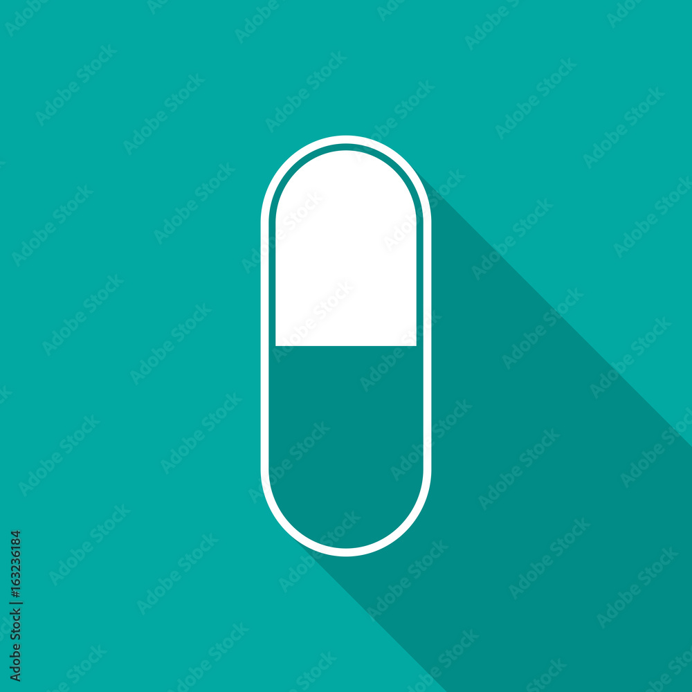 Drug icon with long shadow. Flat design style. Pill simple silhouette. Modern, minimalist icon in stylish colors. Web site page and mobile app design vector element. Drug icon with long shadow. Flat design style. Pill simple silhouette. Modern, minimalist icon in stylish colors. Web site page and mobile app design vector element.