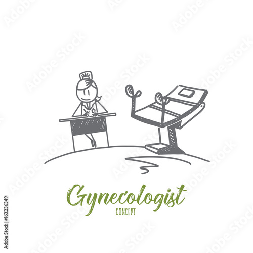 Gynecologist concept. Hand drawn gynecologist in room with chair at modern hospital. Female doctor isolated vector illustration.