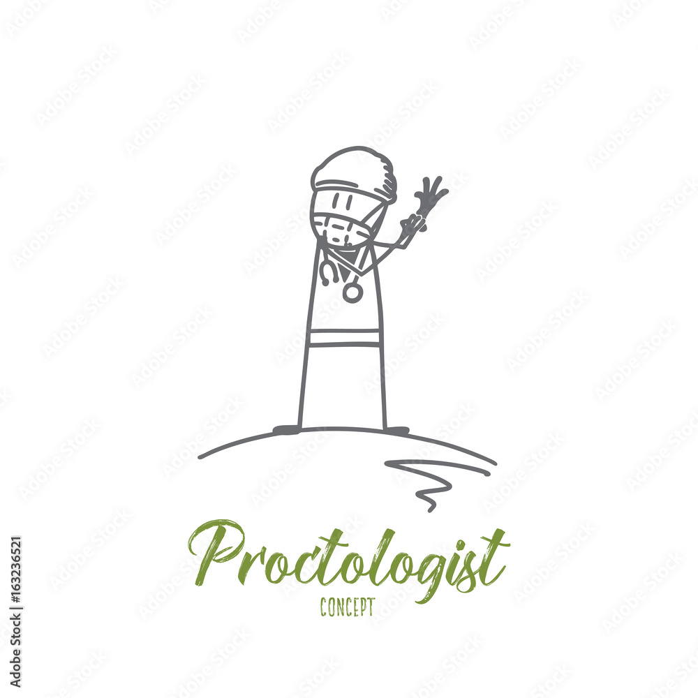 Proctologist concept. Hand drawn doctor pulling on medical gloves. Proctologist waiting for patient isolated vector illustration. Proctologist concept. Hand drawn doctor pulling on medical gloves. Proctologist waiting for patient isolated vector illustration.