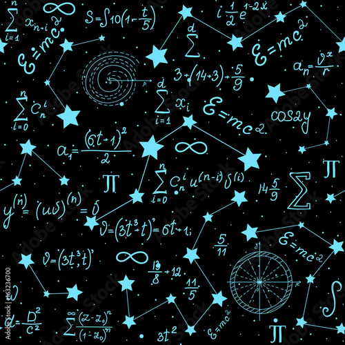 Tapety Matematyczne astrofizyczne wektor wzór z formułami, liczbami i obliczeniami odręcznie na tle gwiazd. Niekończąca się przestrzeń naukowa