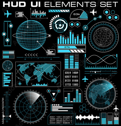 Set of futuristic graphic user interface HUD. Infographic design UI elements and radar screens. Vector illustration.