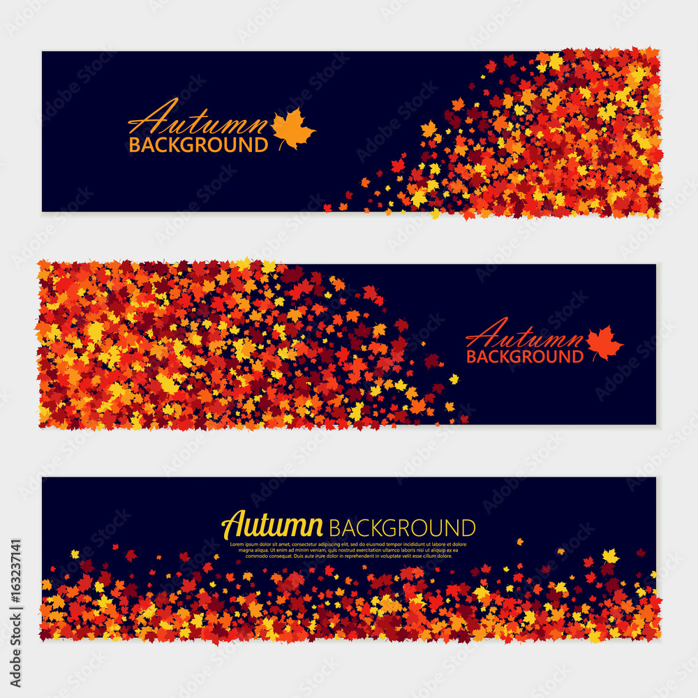 Vector horizontal autumn banners set with scattered maple leaves for different design projects. Isolated