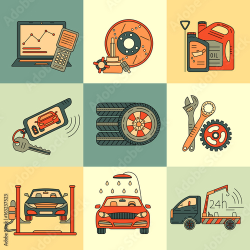 Vector thin line pictogram symbols of car service .