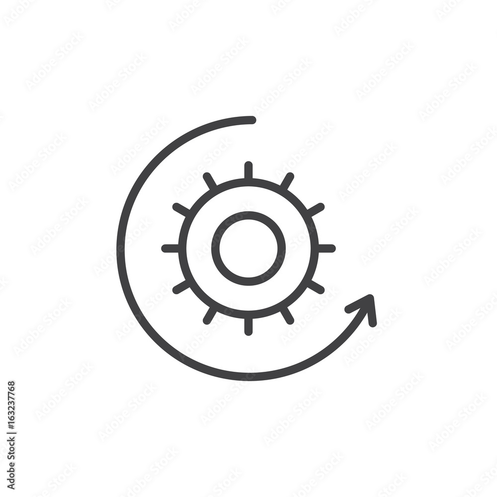 Gear and arrow around line icon, outline vector sign, linear style pictogram isolated on white. Symbol, logo illustration