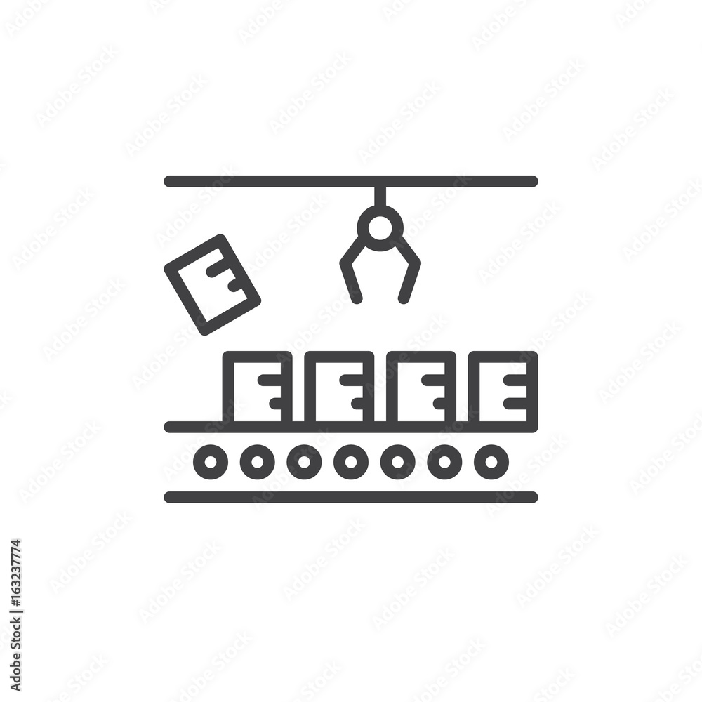 Production line line icon, outline vector sign, linear style pictogram isolated on white. Conveyor symbol, logo illustration Production line line icon, outline vector sign, linear style pictogram isolated on white. Conveyor symbol, logo illustration