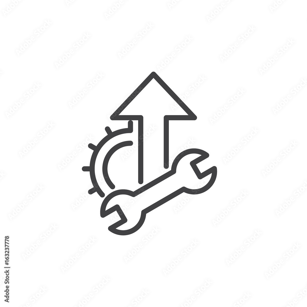 Wrench, cogwheel and up arrow line icon, outline vector sign, linear style pictogram isolated on white. Optimization Symbol, logo illustration Wrench, cogwheel and up arrow line icon, outline vector sign, linear style pictogram isolated on white. Optimization Symbol, logo illustration