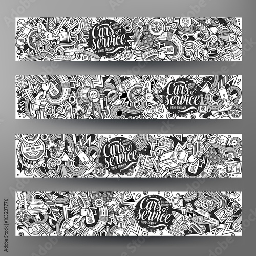 Cartoon vector hand drawn doodles Aautomobile vertical banners