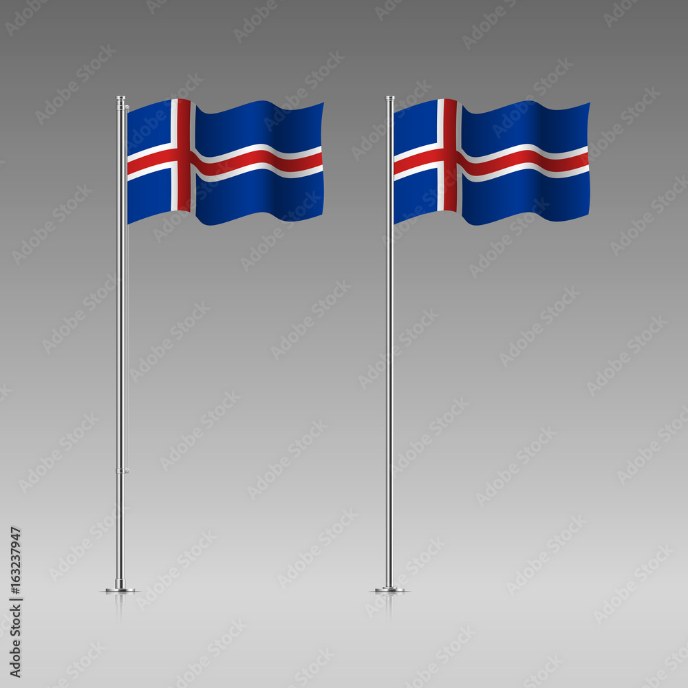 Iceland flag on the flagpole. Official colors and proportion correctly. High detailed vector illustration. 3d and isometry. EPS10