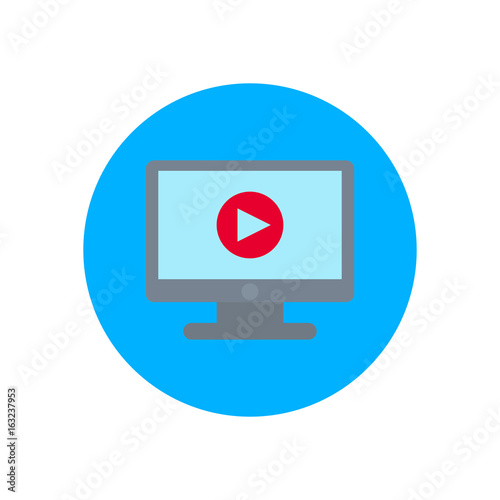 Monitor with video player flat icon. Round colorful button, circular vector sign, logo illustration. Flat style design