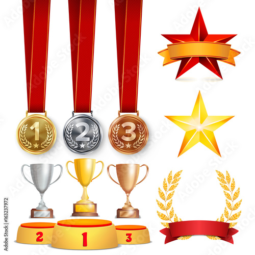 Trophy Awards Cups, Golden Laurel Wreath With Red Ribbon And Gold Shield. Realistic Golden, Silver, Bronze Achievement Medals. Sports Placement Podium. Isolated Vector Illustration